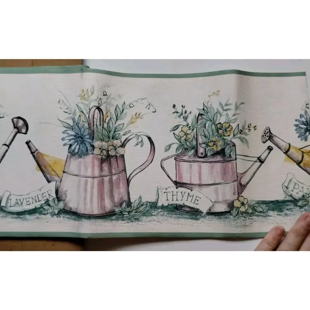 Norwall Decorative Wall Border - Potted Flowers Tin Watering Cans - 5 yds
